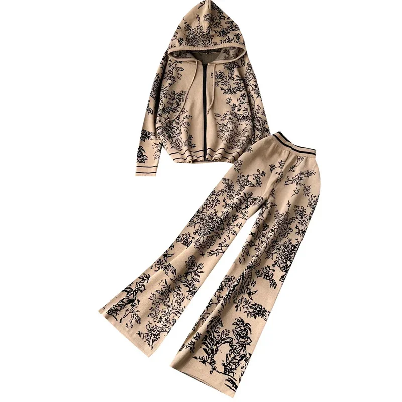 Autumn Winter Hooded Knitwear Two-piece Suit Women 2024 New Fashion Loose Casual Printing Wide-leg Pants Suit Outerwear Female