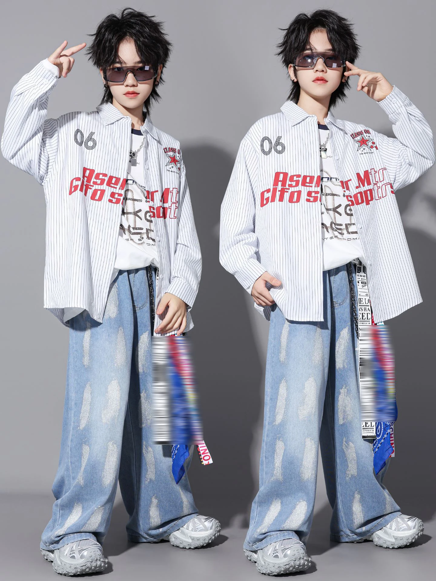 2025 Bambini Abiti da ballo di strada Costume Hip Hop Ragazzi Camicia bianca a righe Pantaloni in denim Maniche lunghe Moda Stage Wear BL18059