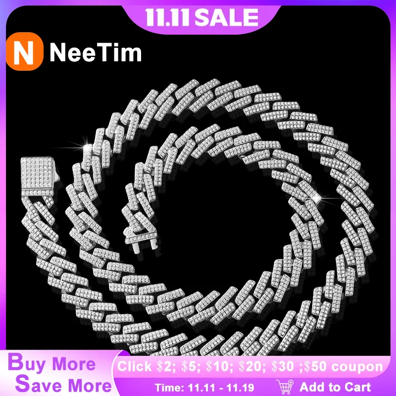 

NeeTim 14 мм кубинские ожерелья с муассанитом для мужчин и женщин, стерлинговое серебро 925 пробы с белым золотом, цепочка на шею, ювелирные изделия в стиле хип-хоп