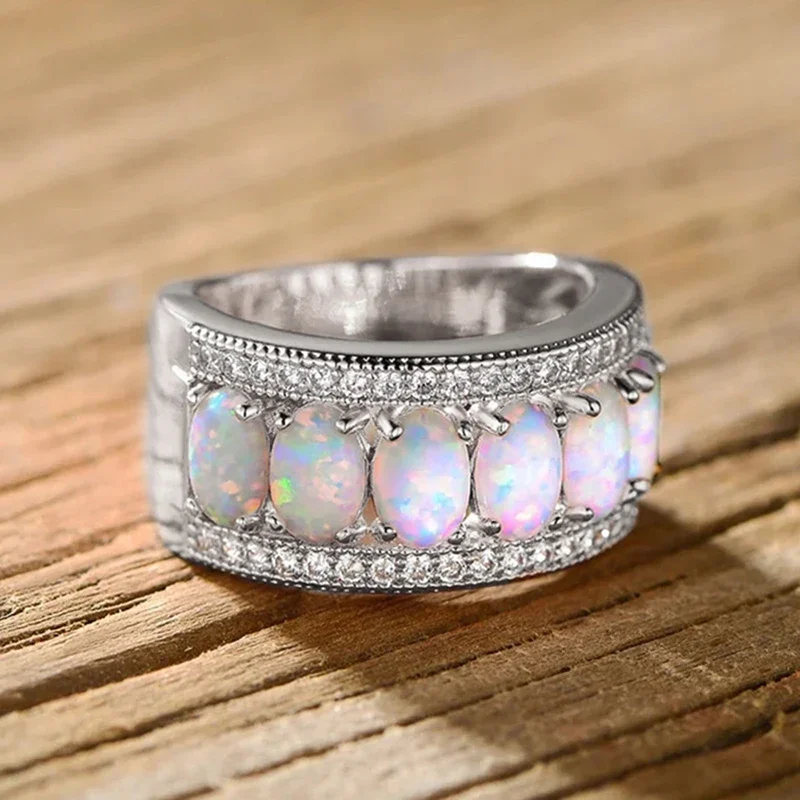 Huitan Gorgeous Imitation Opal Stone Rings for Women Unique Shiny Cubic Zirconia Wedding Band Jewelry Noble Finger Accessories