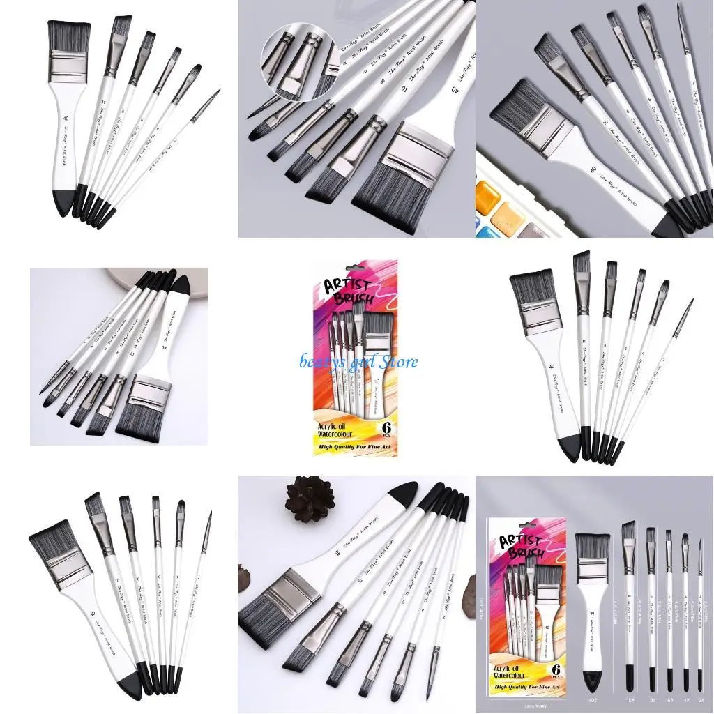 

C7AB 6 Pcs Paint Brushes Set Nylon Hair Paint Brushes Watercolour Painting Brushes Fine Tip Paint Brush Drawing Supplies
