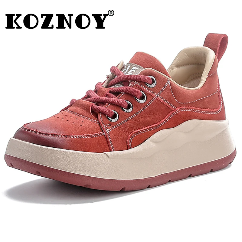 Koznoy 4.5cm Ankle Boots Natural Genuine Leather Chunky Sneaker Vulcanize Moccasin Flats Autumn Loafer Ethnic Women Spring Shoes