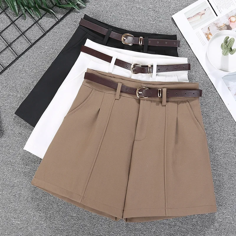 Korean Fashion Straight High Waist Solid Color Belt Summer Short Pants with Belt Office Lady Solid Color Shorts for Women