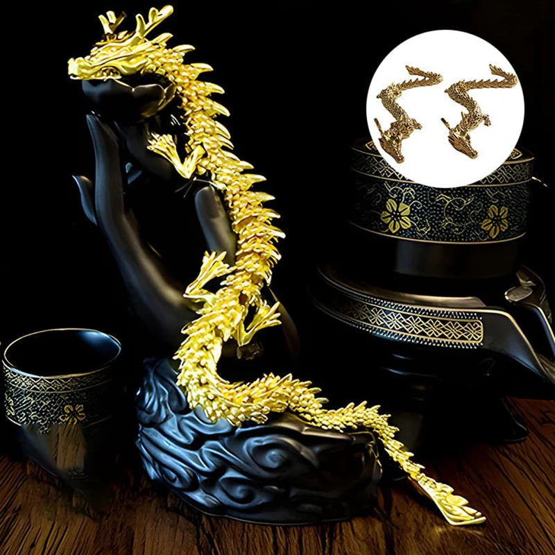 ABKO-2PCS dragão dourado com articulações móveis, estatuetas colecionáveis de dragão do zodíaco chinês, ornamento de decoração de mesa, estátua de dragão 3d