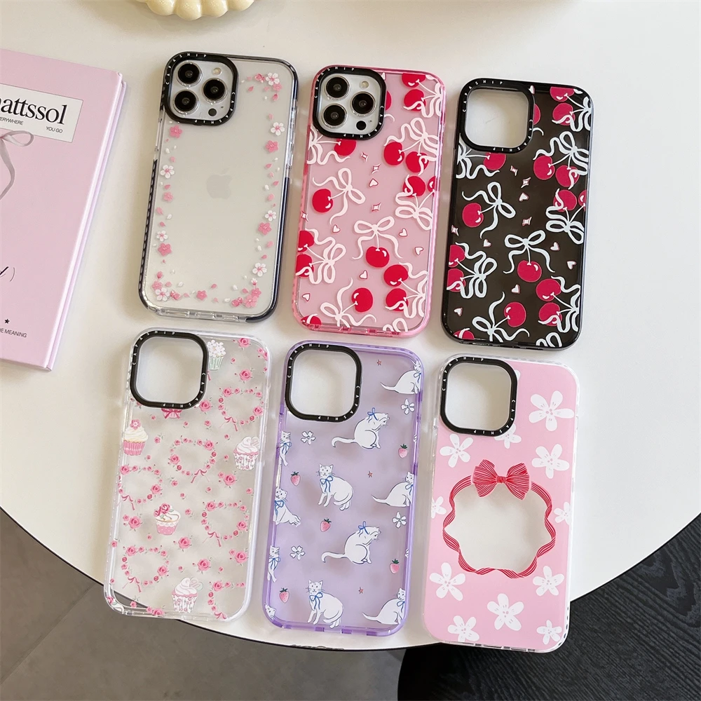 

For iPhone 16 15 14 13 12 Pro Max Cherry Heart Flower Pattern Case 11 X XR XS Max 12 13 Mini Clear Shockproof Case 14 15 Plus
