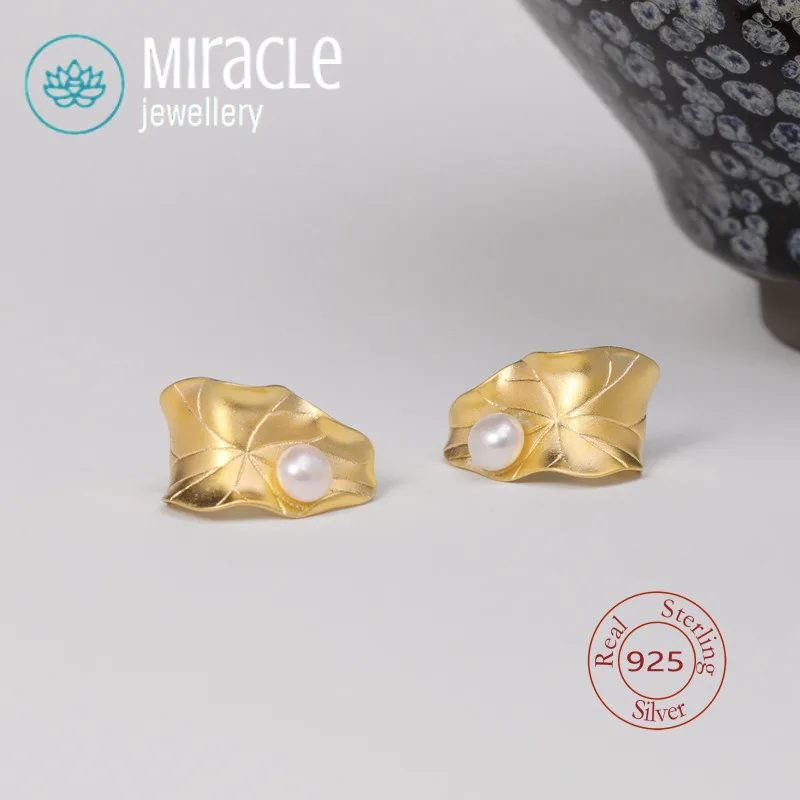 Miracle Sterling Silver 925 Original Design Pond Hundred Plays Lotus Leaf Pearl Trendy Non-Pierced Handsome Ear Cuff Earrings