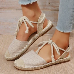 Lace-up Flats Summer Sandal Elegance Women Comfy Shoes Fastener Ankle Strap Espadrilles Linen Vacation Flats Sandals