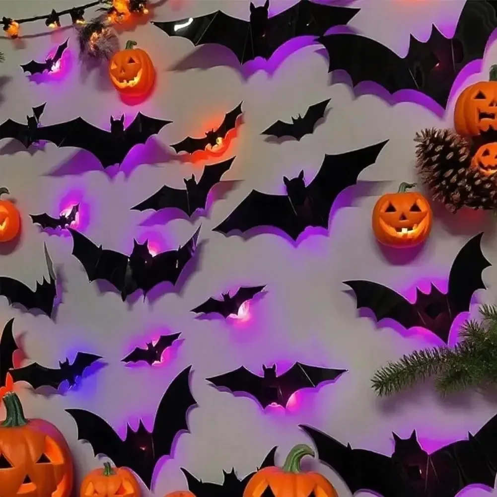 3D Bat Decor Halloween Purple Light/No Light Wall Sticker Bat Night Light for Halloween Party Scare Decoration Festive Supplies