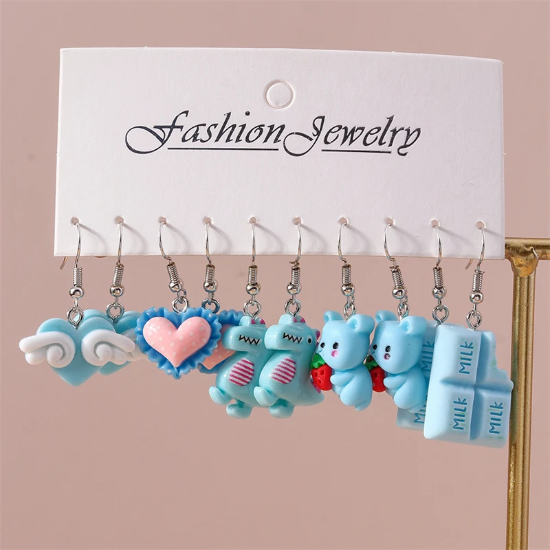 5Pairs/Set Fashion Flower Drop Earrings for Women Resin Heart Animal Dangle Hooks Earrings Girls Party Holiday Jewelry Gifts