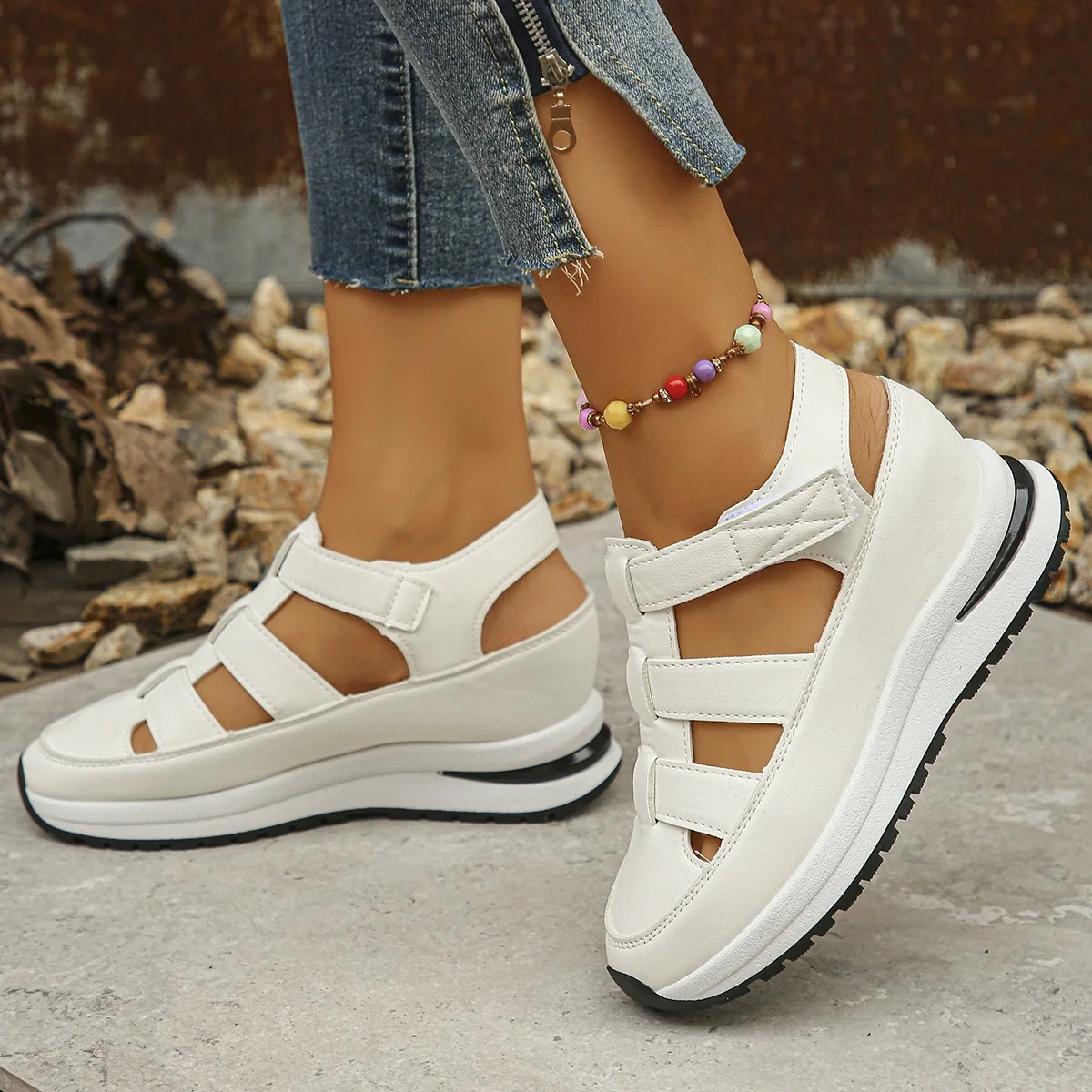 

Hollow Out Boat Platform Sandals Summer Casual White Shoes