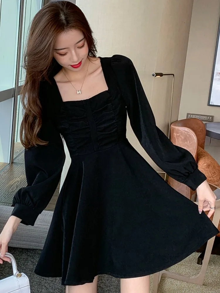 

French Elegant Mini Dress Autumn Lantern Sleeve Square Collar Slim Waist Pleated Vestidos Fashion Evening Party Prom Clothing