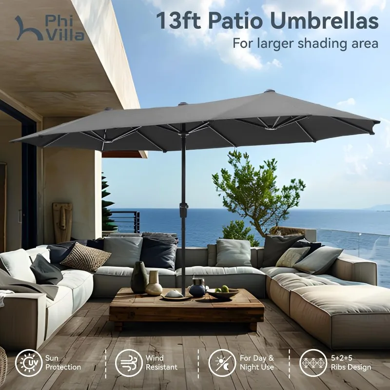 13ft Large Patio Umbrellas, Double-Sided Outdoor Market Rectangle Umbrella for Outside, Light Gray