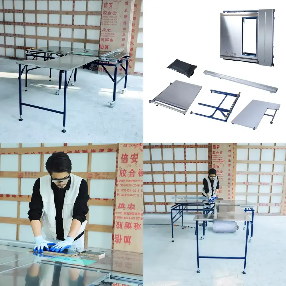 

This portable desk table saw is designed for precision wood cutting tasks, especially suited for large wood sheets requiring