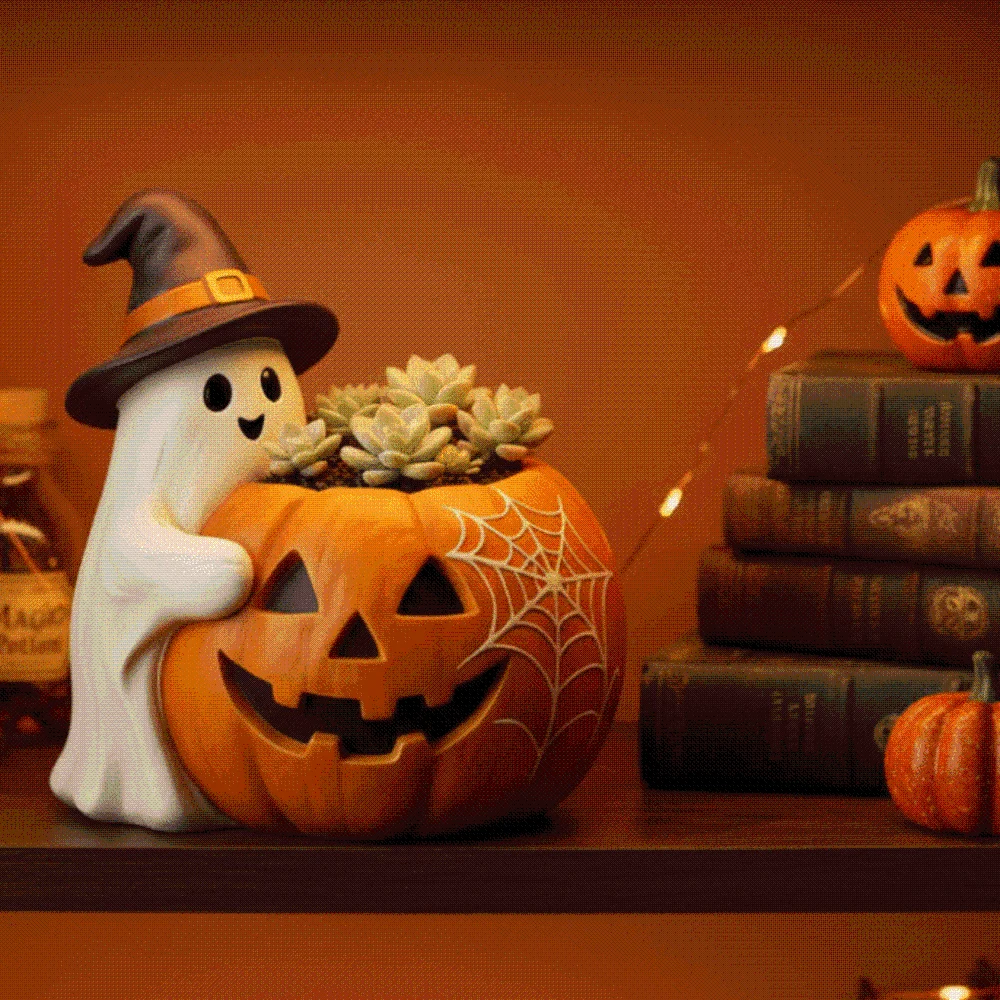 Orange Ghost Pumpkin Pen Holder Compact Sturdy Spooky Pencil Cup Flat-Base Exquisite Multifunctional Flower Pot Gardeners