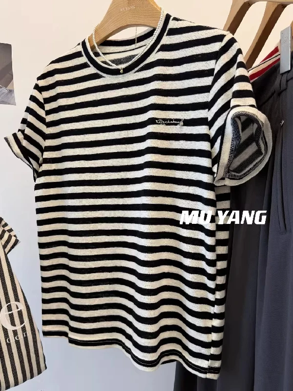 

plus Size Women's Casual Short Sleeve T-Shirt Embroidered Striped Base Shirt Half Sleeve Top Breathable Polyester Summer Wear