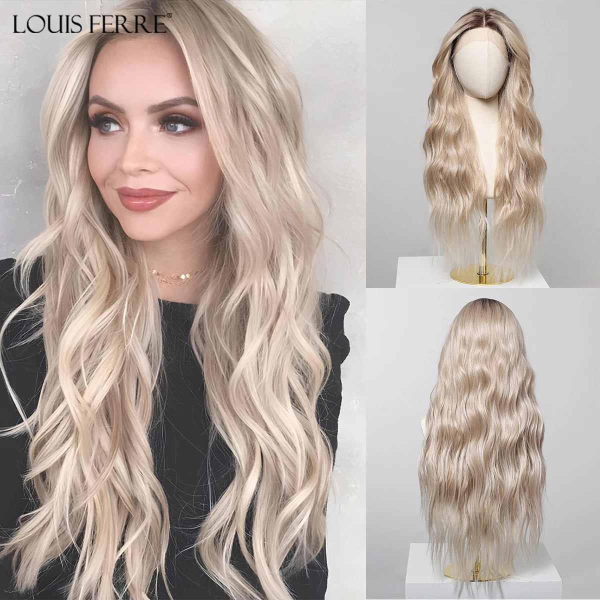 

LOUIS FERRE 30 Inches Blonde 13*6 Lace Front Synthetic Wigs Long Wavy Natural Hair Free Parting Natural Hairline Futura Wigs