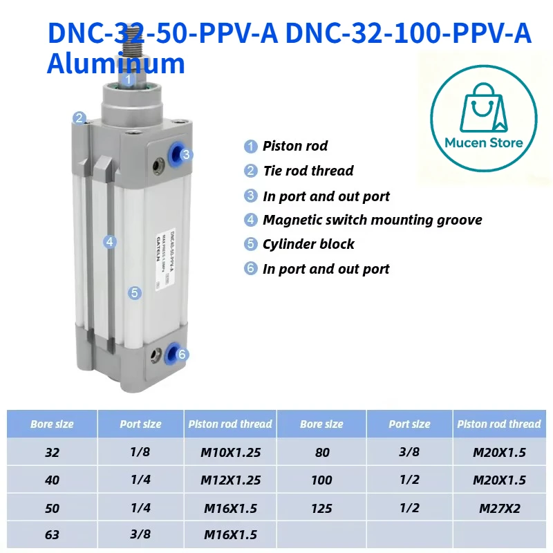 1PCS New Fst DNC32 Series Pneumatic Cylinder DNC-32-50-PPV-A DNC-32-100-PPV-A Aluminum Double Acting Air Cylinder ISO Standard