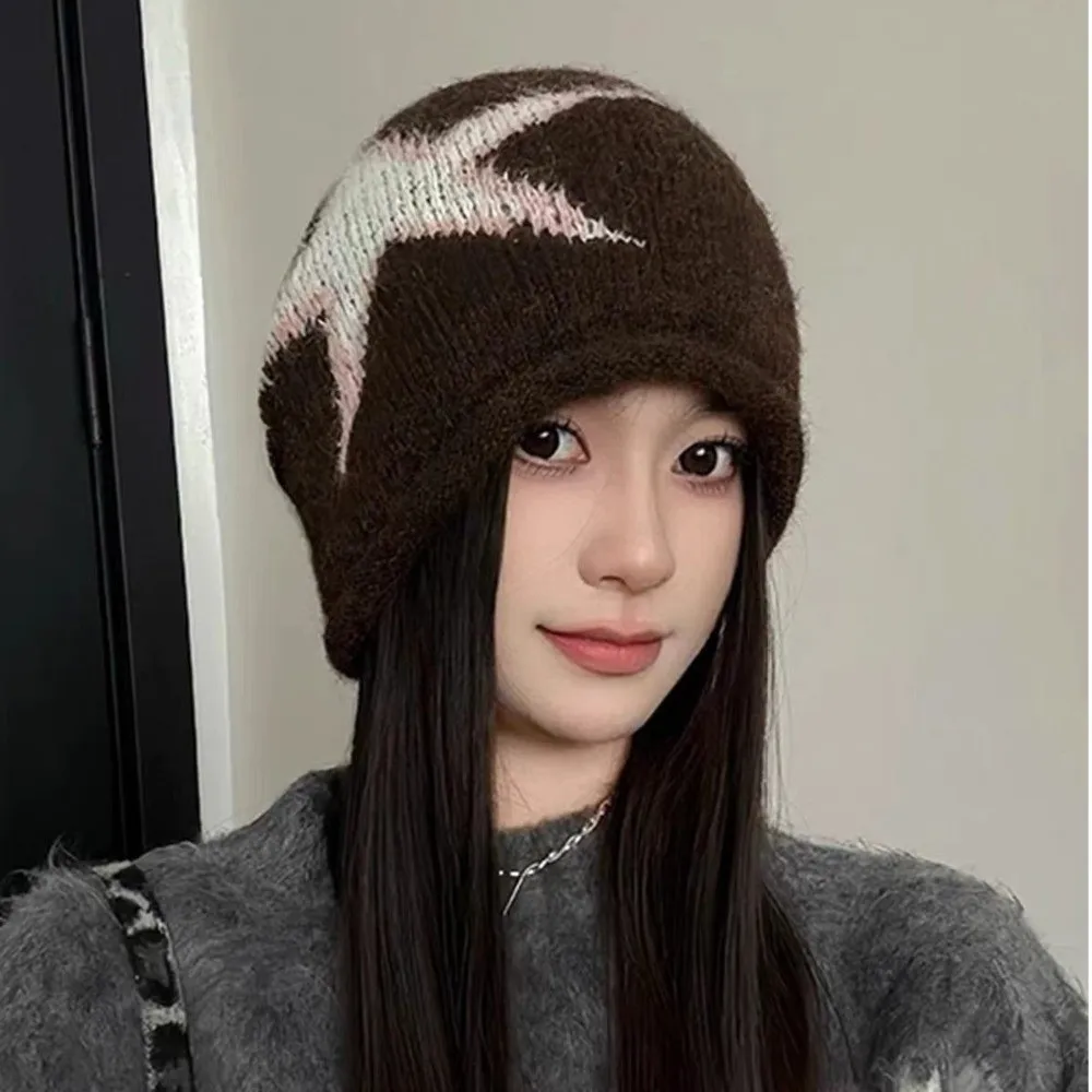 Personality Jacquard Star Knitted Hat Pentagram Warm Pullover Cap Hip Hop Cold Cap Y2k Beanie Hat Streetwear