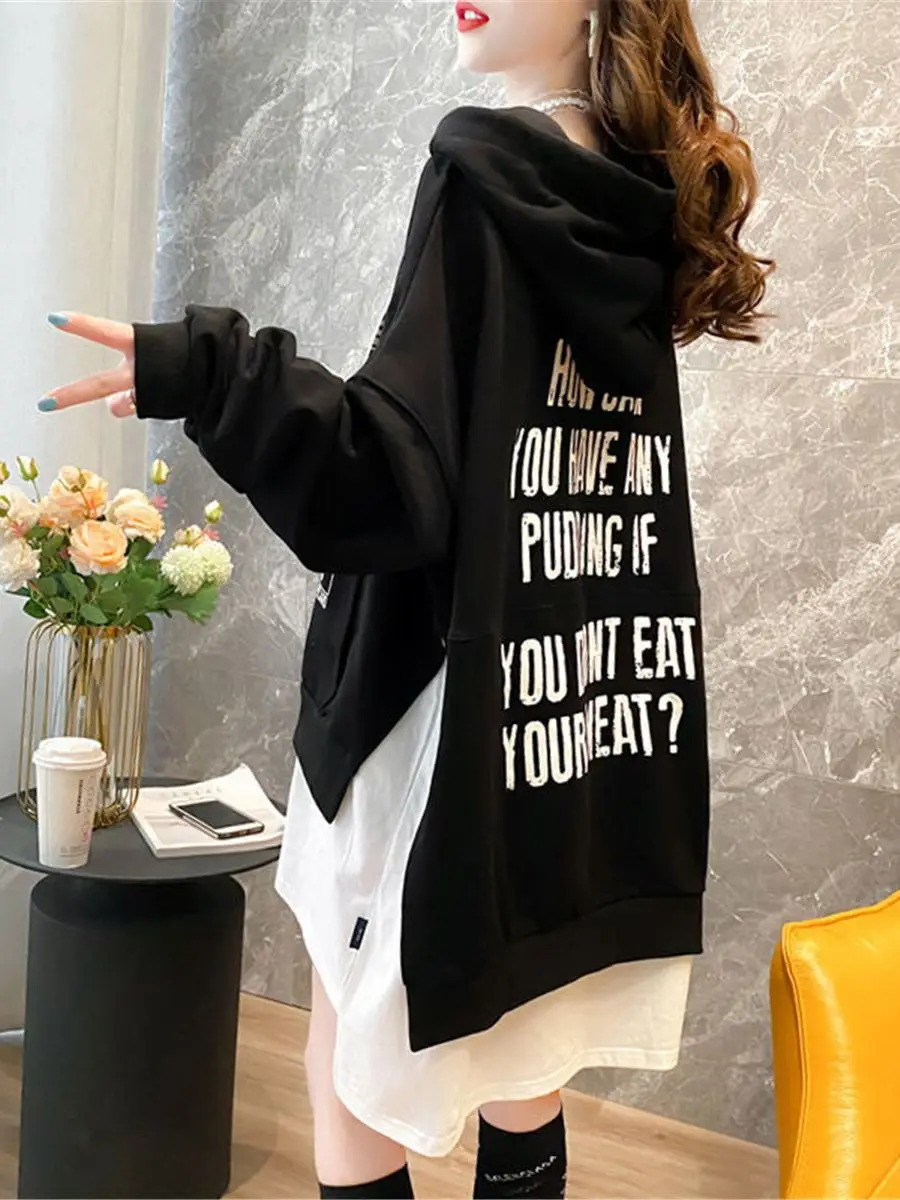 Black Letter Print Hoodie Harajuk Women Patchwork Sweatshirt Girl Ulzzang Loose Leisure Chic High Street Gothic Sweatshirt Femme