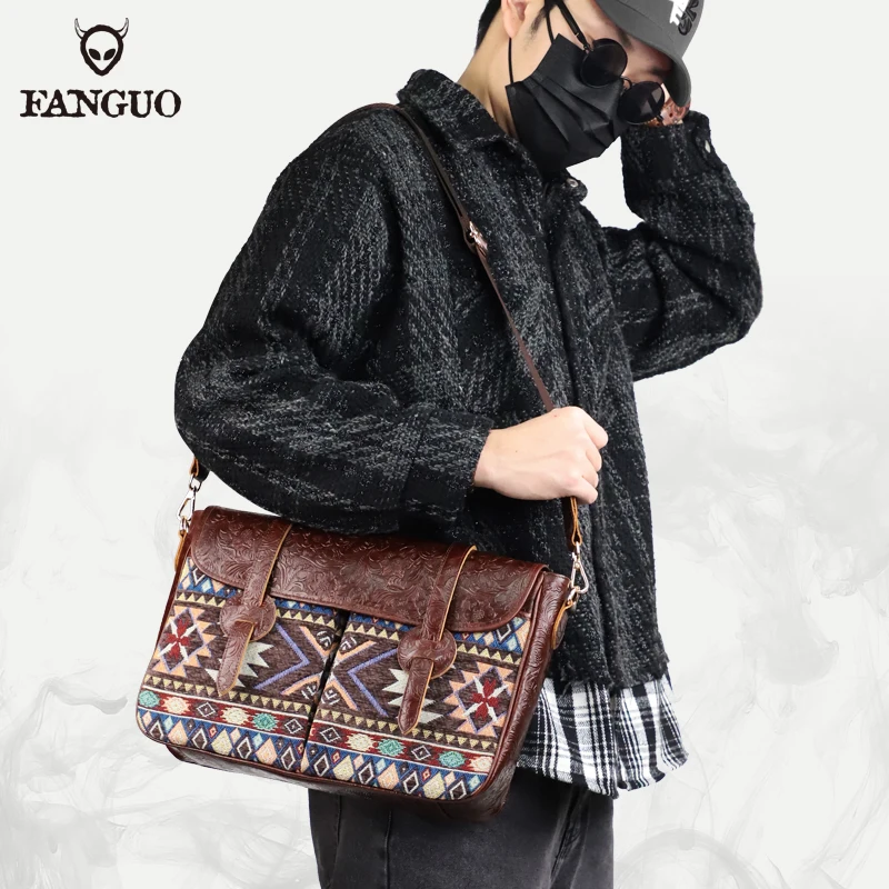 High Quality Genuine Leather Waxed Canvas Shoulder Bag National Style Crossbody Bag Young Men Patchwork Color Flap Sling Bag