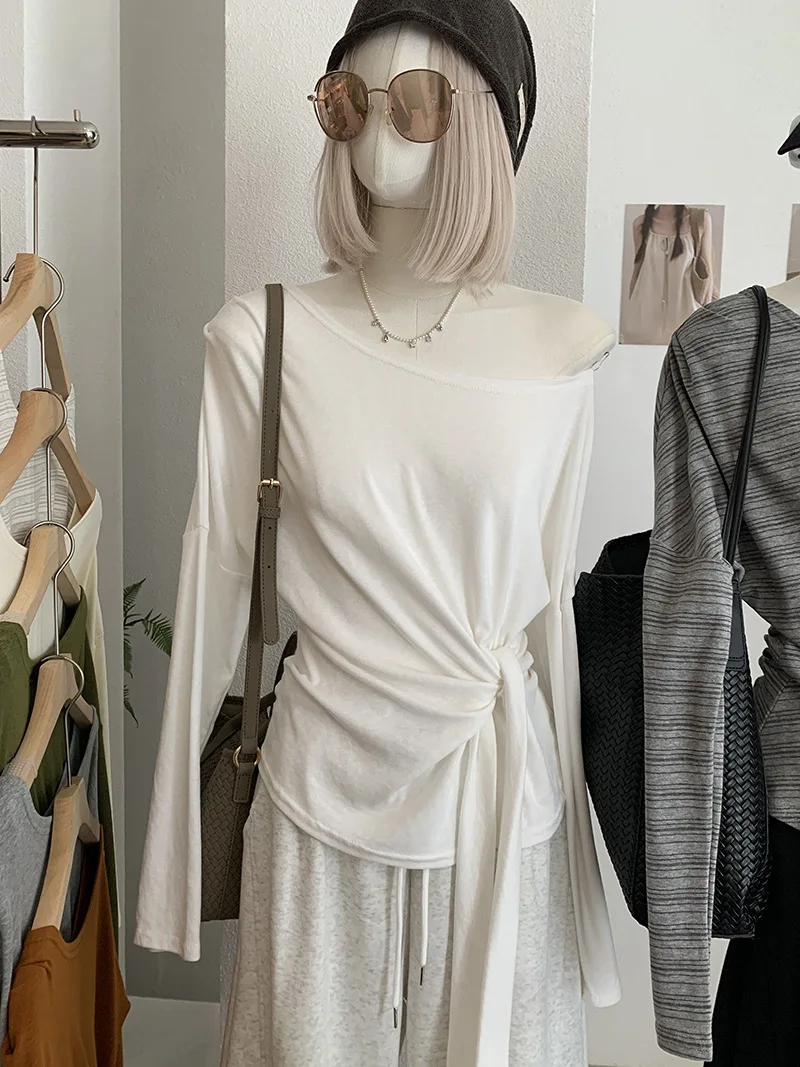 Women Grey Marled Off Shoulder Long Sleeve Top Wrap Tie Waist Slim Fit Casual Elegant Blouse Sexy Side Bandage Inner T-shirt Y2K