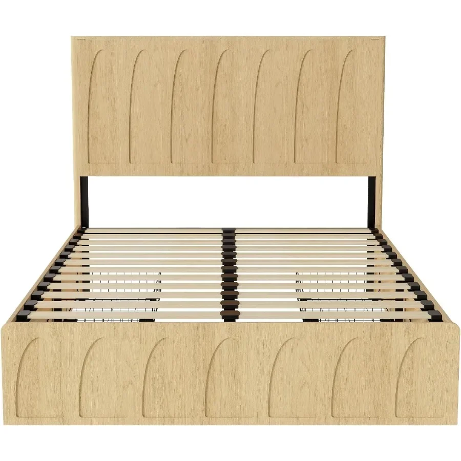 Queen Size Wood Platform Bed Frame with Side Storage Drawers, Curved Headboard Wood Slat Support, No Box Spring Needed, Minimal - view 4