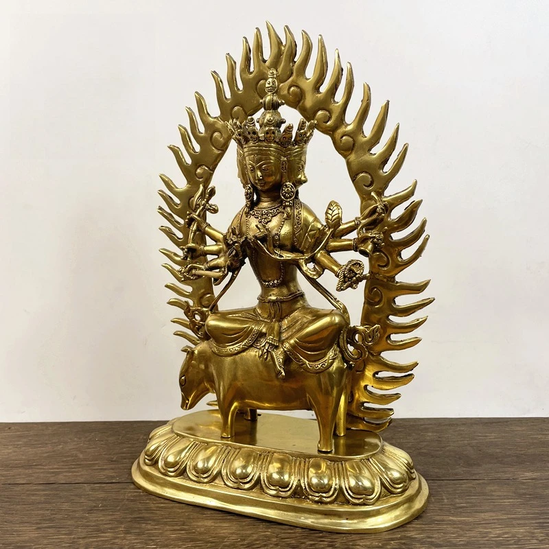 Feng Shui Copper Gold Painted Three Faces Riding Pig Buddha Mother Bodhisattva Statue