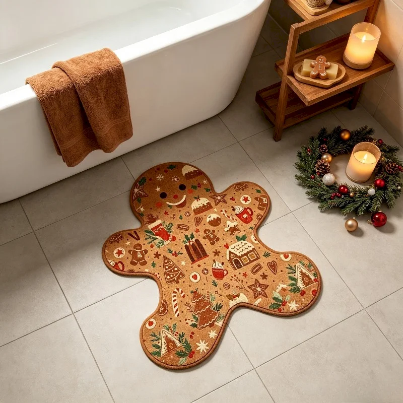VIKAMA Christmas Biscuit House Candy Pattern Floor Mat Soft Anti Slip Water Absorbing Carpet Entrance Home Decoration Door Mat