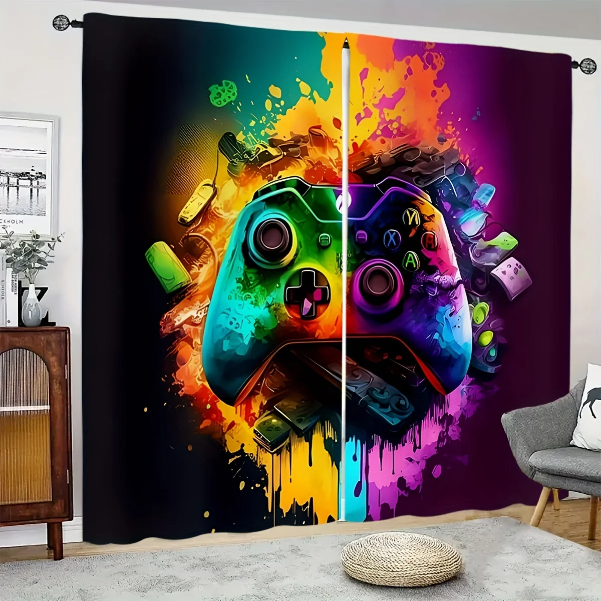 Colorful Game Controller Curtains, Neon Graffiti Joystick Print Drapes, Gamer Room Bedroom Decor for Window Treatment