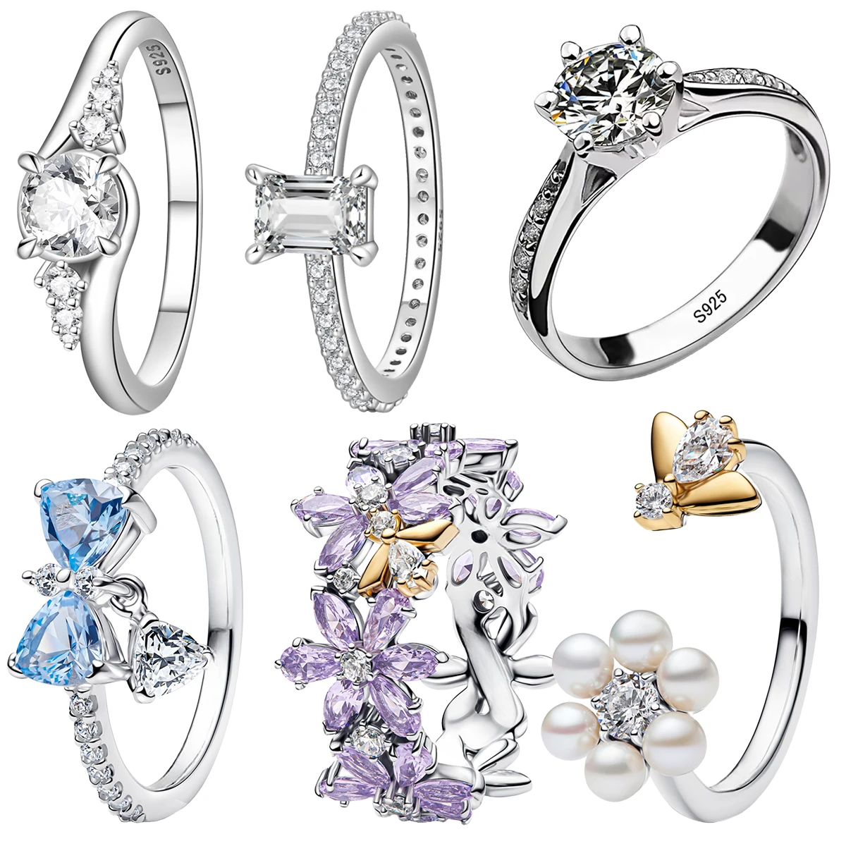 S925 Silver Shiny Floral Gem Wreath Blue Bow Crystal Pave Heart Bee Diamond Rings Wedding Couple Valentine's Day Jewelry Gift