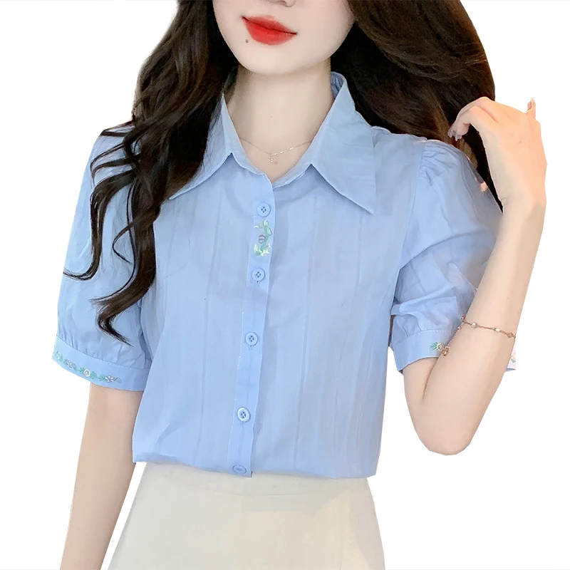 Summer New Fashion Short Sleeve Shirt Embroidered Blouse White Blue Tops