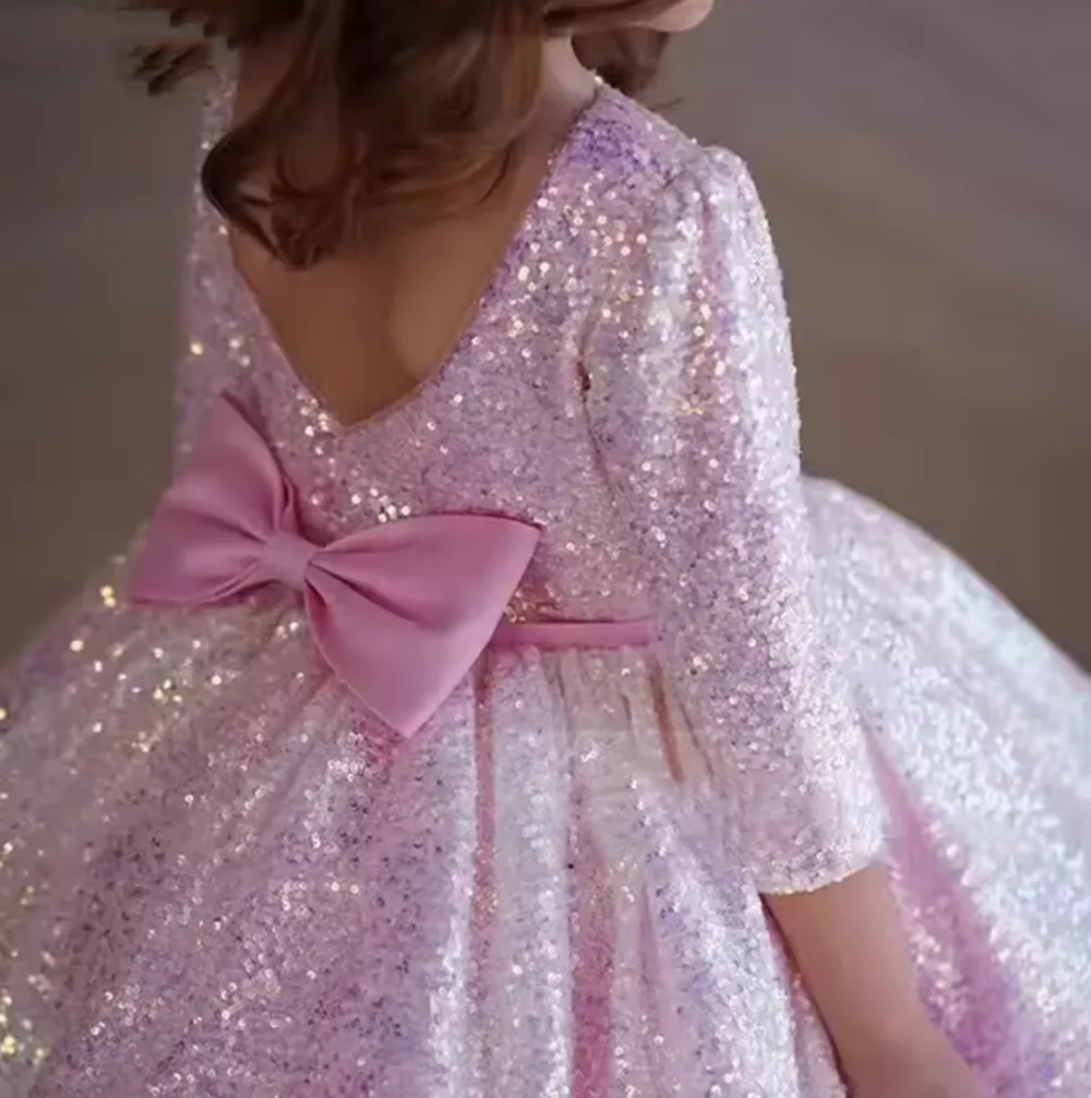 Robe de soirée rose scintillante pour petites filles, vêtements bouffants en Tulle pour filles, vêtements Eid, robes pour Occasions spéciales, fleur, nouvelle collection 2025