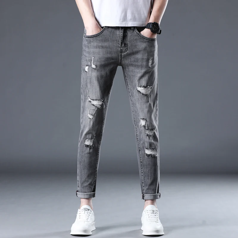 Skinny Jeans For Men Hip Hop Ripped Grey Stretch Slim Fit Casual Pencil Pants Ankle Length High Quaity 2024 Spring Summer Jeans