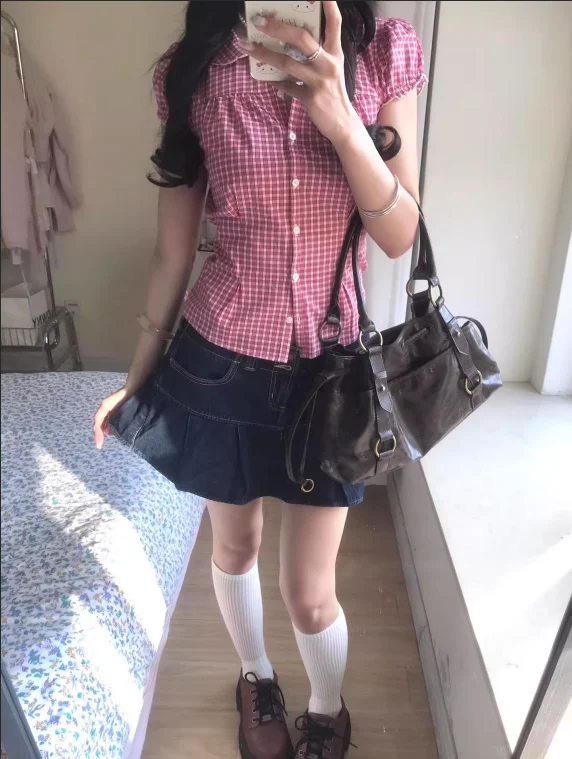 Red Plaid Back Lace-up T-shirt Blouse Woman Peter Pan Collar Short Puff Sleeve Cotton Slim Shirts Sweet Preppy Style Crop Tops