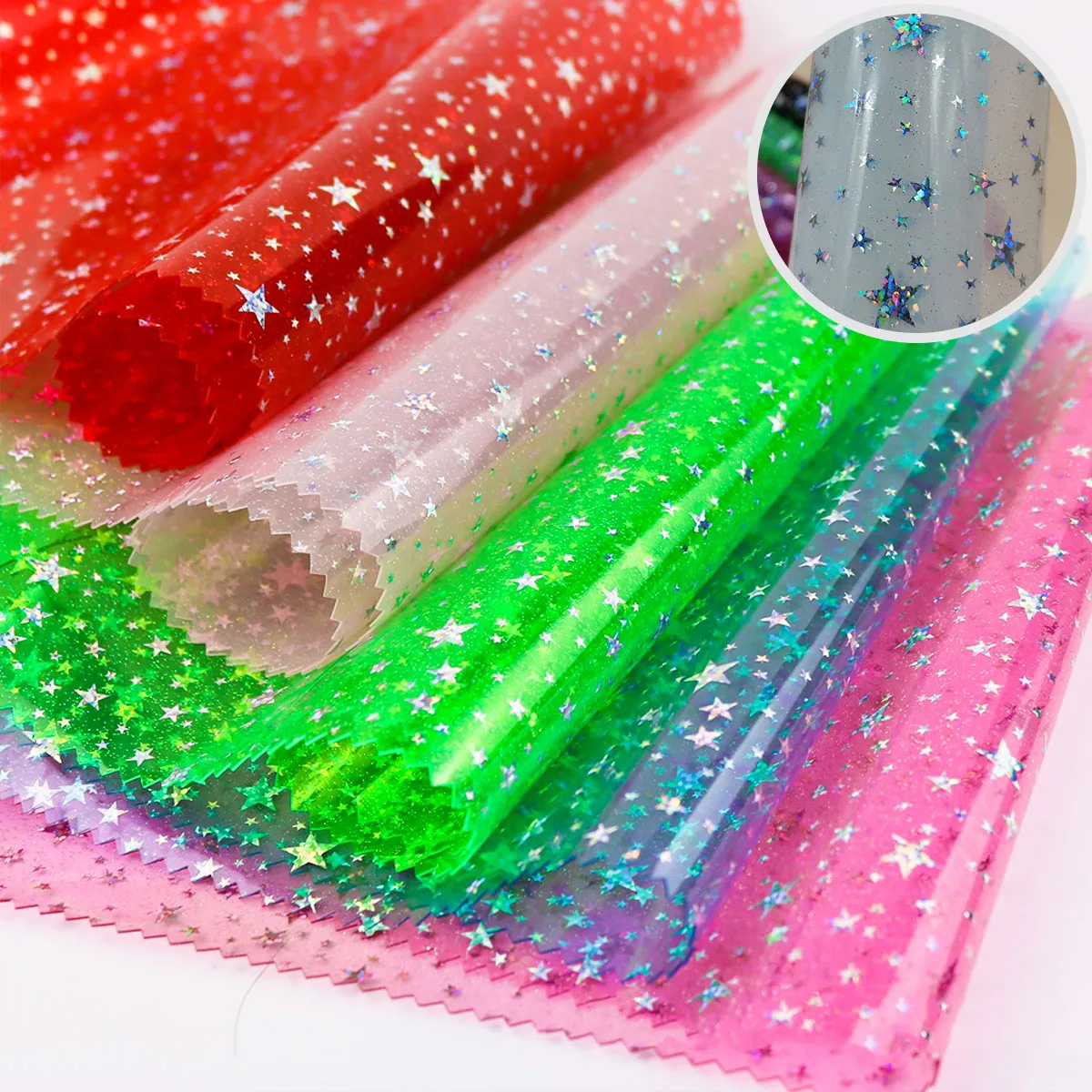 

10pcs A4 Wholesale Holographic Iridescent Sparkle PVC Vinyl Star Fabric Clear Transparent DIY Handmade Bag Bow Craft Material