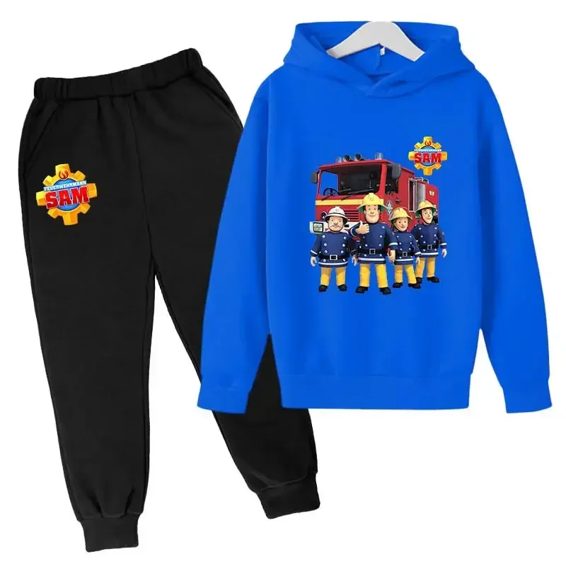 Spring Autumn Children's Set Fireman Sam Hoodie Set Anime Print Casual Sportswear Child Boys Girls Pant Suit Toddler Aged 2-14