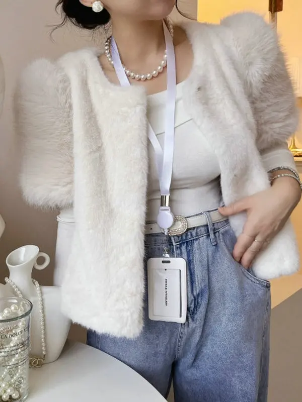 

Ele Pure Color round Ne Furry Jaet Soft Comfortable Winter Outerwear Soft Plu Ladies ort Coat Button Closure Stra...