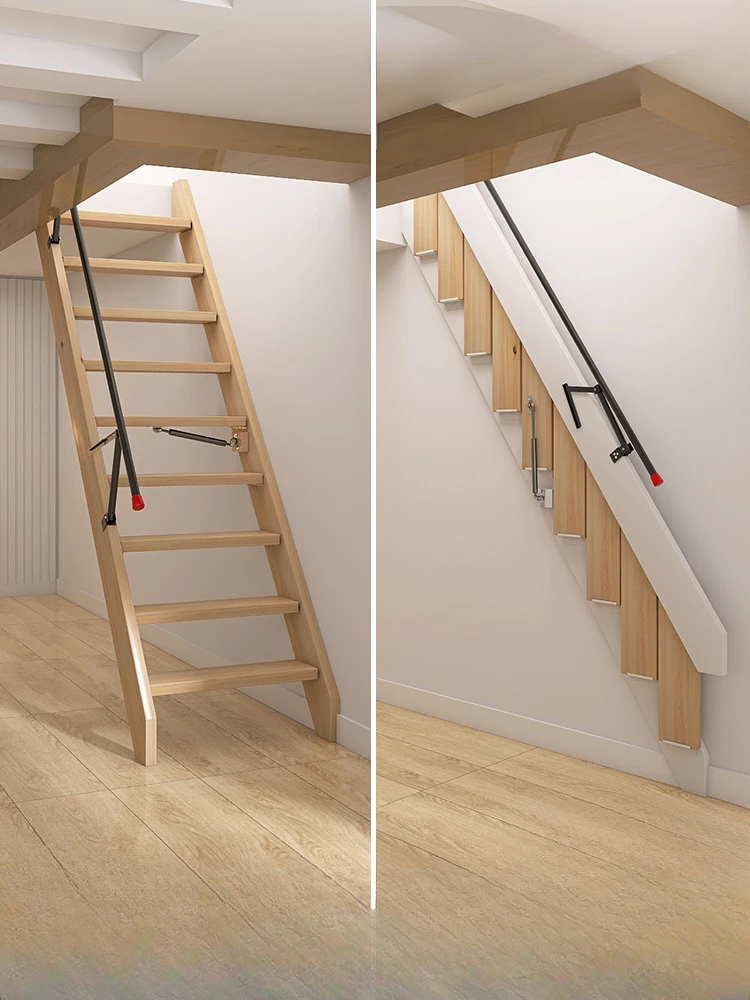 

Solid wood folding staircase home indoor invisible wall shrink wall mounted telescopic ladder single apartment