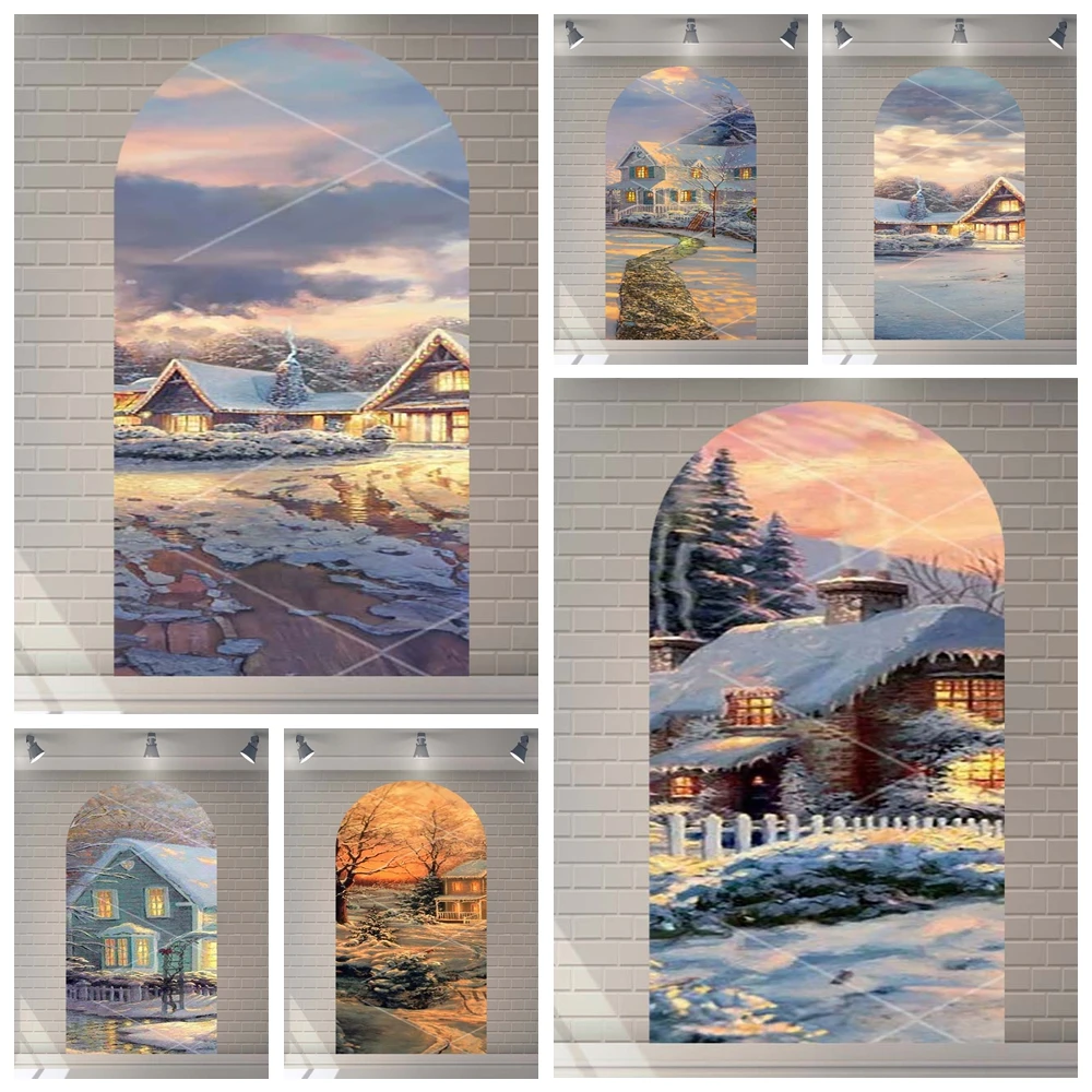 

Christmas Beautiful Snow House Oil Painting Kids Baby Gifts Family Party Arch Backdrop Custom Room Photo Poster Decor Background