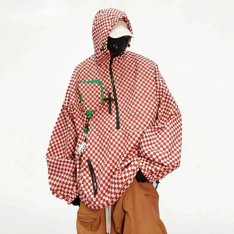 Men Checkerboard Hooded Anorak Streetwear American Fashion Outwear Half Zip Windbreaker Multi Pocket Casual BFGT67