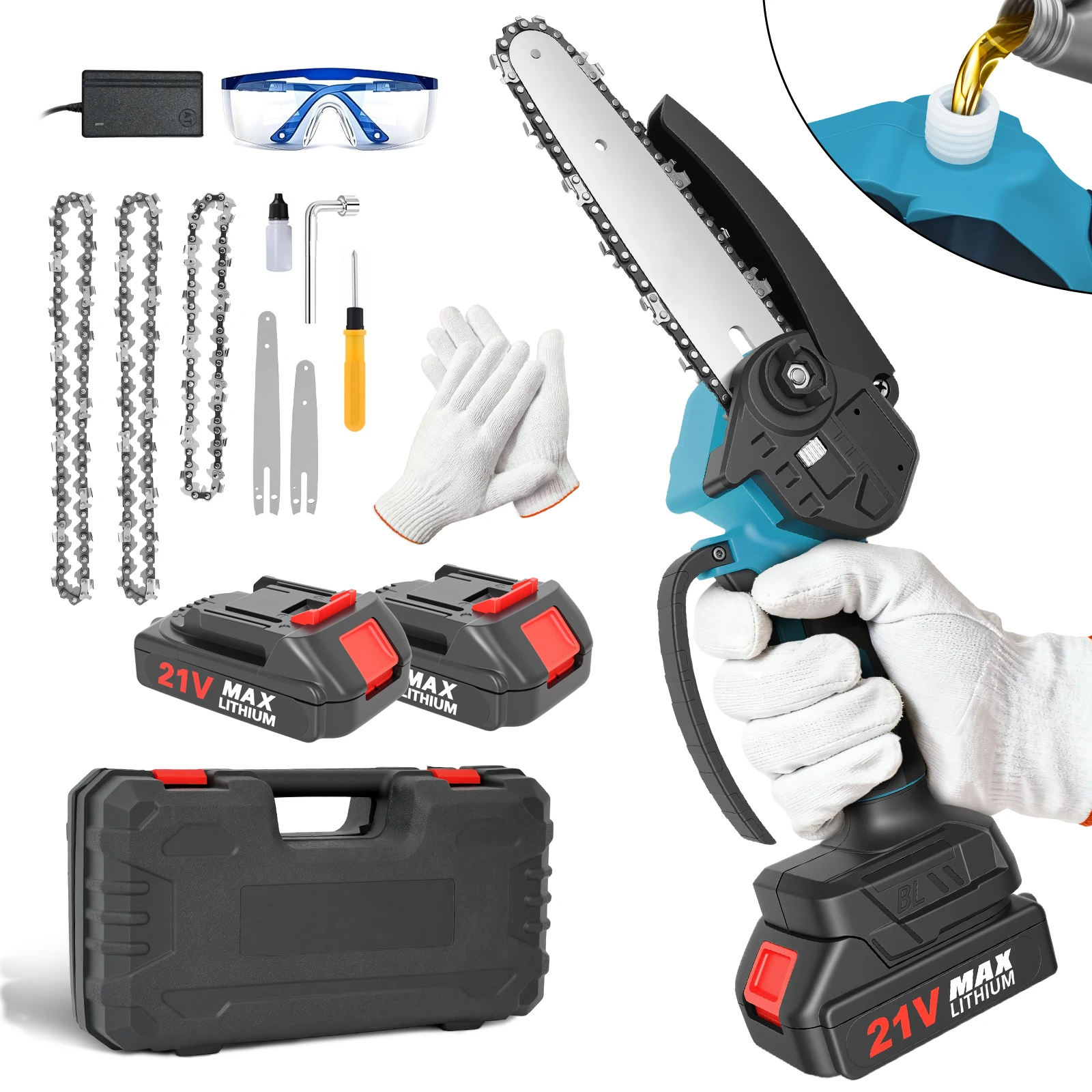 

6+4 Inch Cordless Chainsaw 21V Portable Electric Saw Power Tools with 2 Batteries 3 Chains for Wood Cutting Branch Trimming