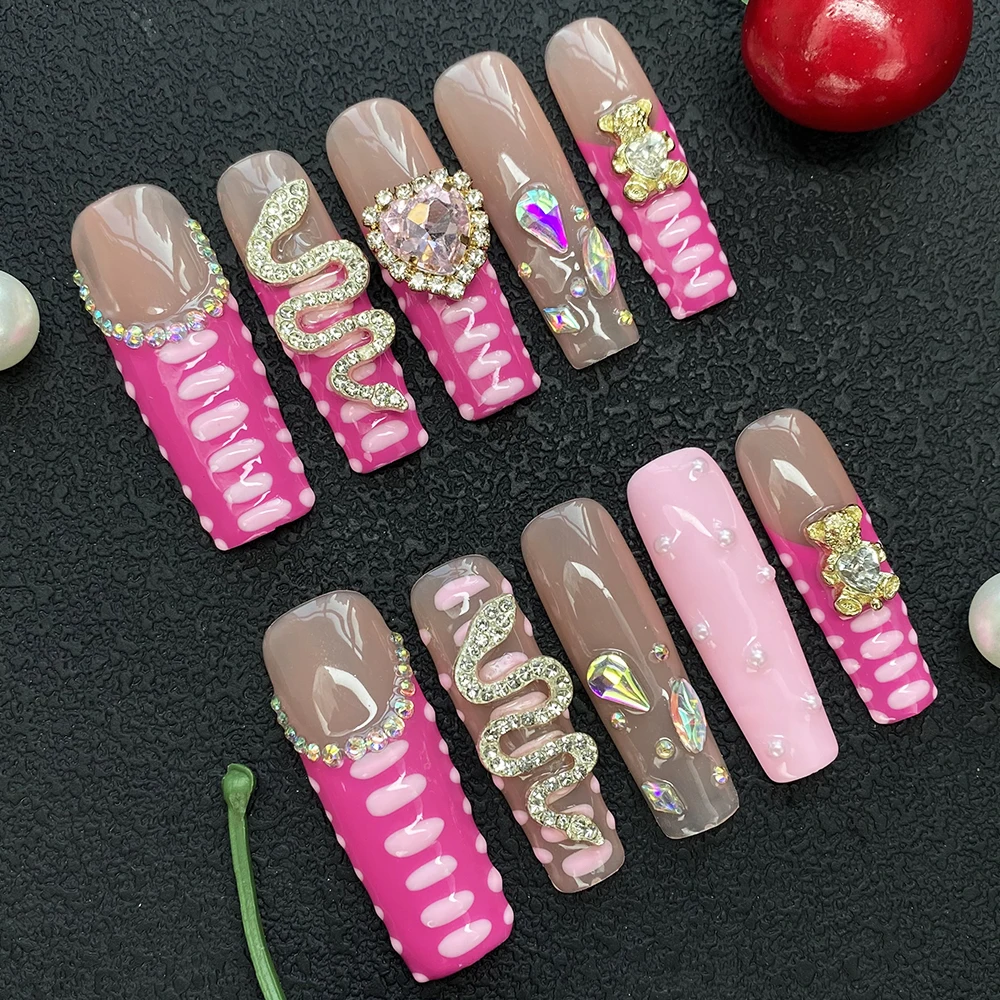 

Эксклюзивный дизайн, глянцевые, изысканные, декорированные, ручной работы накладные ногти (10 шт.), салонное качество, долговечные акриловые наборы для маникюра.