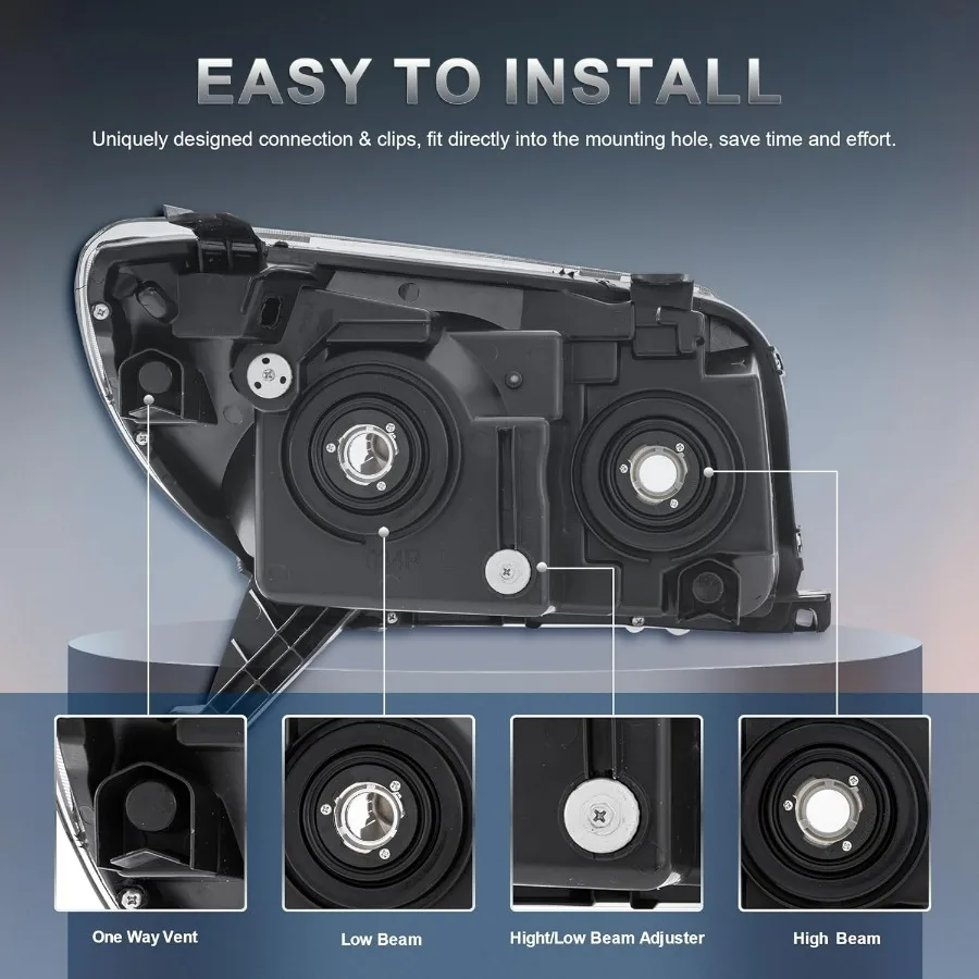 ชุดไฟหน้าคู่สำหรับรถยนต์โตโยต้า ฟอร์จูนเนอร์ ปี 2003-2005 พร้อมเลนส์ใส/กรอบโครเมียม/แผ่นสะท้อนแสงสีเหลืองอำพัน ไฟหน้าด้านหน้า