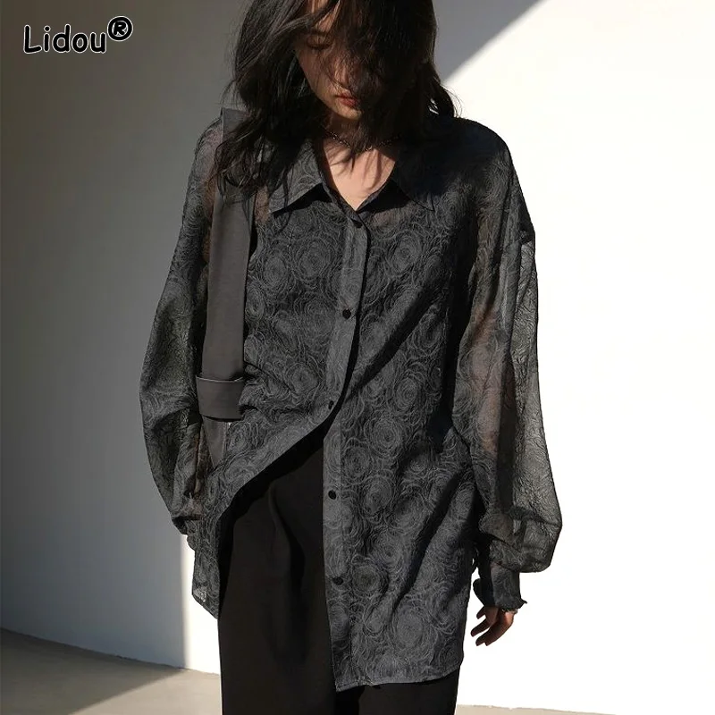 

Three-dimensional Decoration Printing Streetwear Mid-length Shirt Lantern Sleeve Polo-Neck Single Breasted Wild Women's Clothing