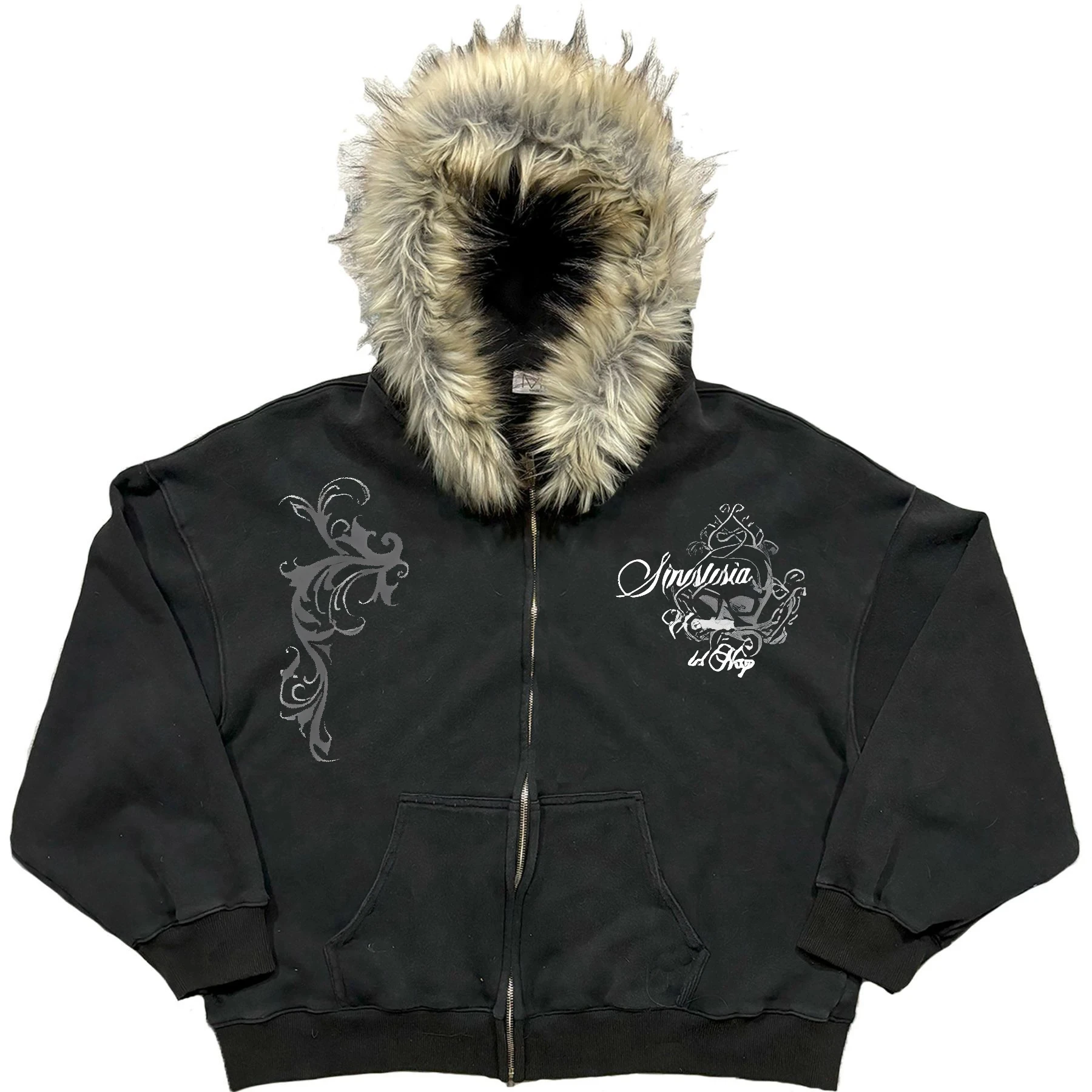 

Американский ретро High Street повседневный винтажный принт толстовки с меховым воротником зимний y2k свободный кардиган на молнии темный стиль готический свитшот