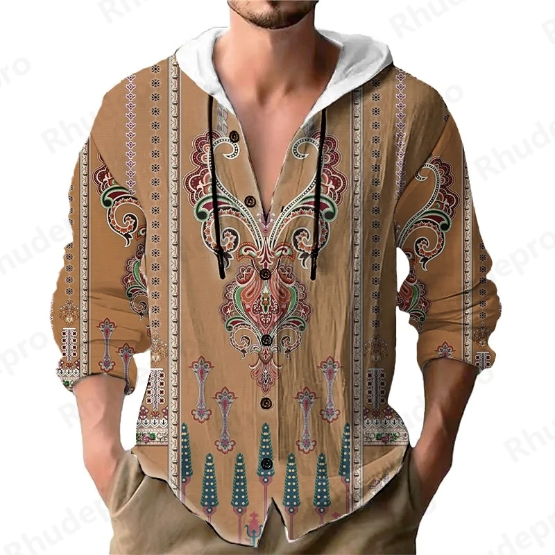 Men's 2025 Shirt Solid Color Long Sleeve Hoodie Cardigan Long Sleeve National Style Casual Loose Button Man Hooded Shirts
