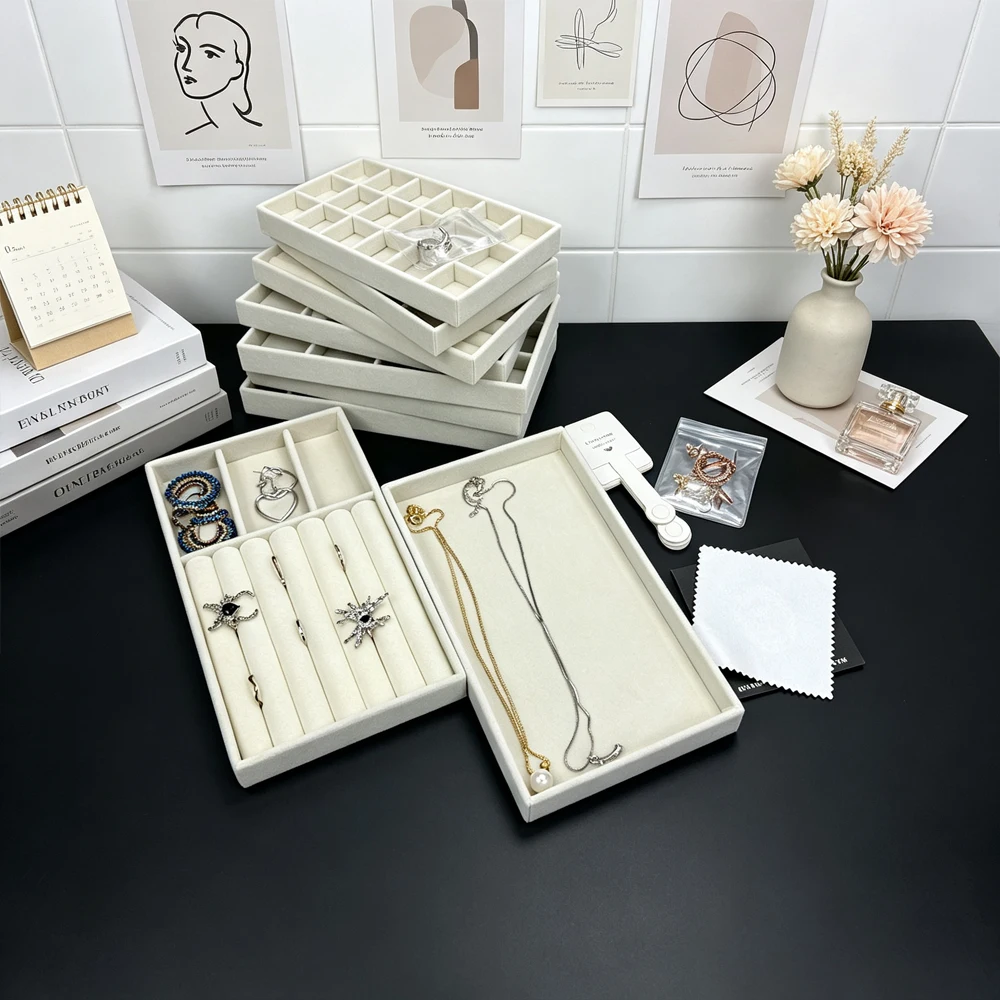 Multi-Size Storage Tray Made of Beige Velvet for Jewelry and Accessories, Accompanied by a Jewelry Storage Bag