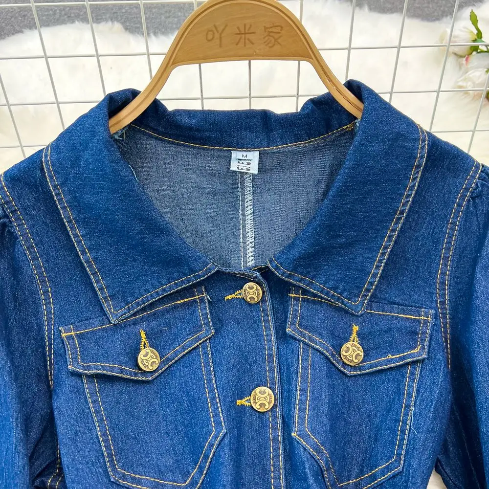 2025 Spring Autumn New Long Denim Dresses Women's Korean Long Sleeve Laps Waist Slimming Single Breasted A Shirt Jeans Dress