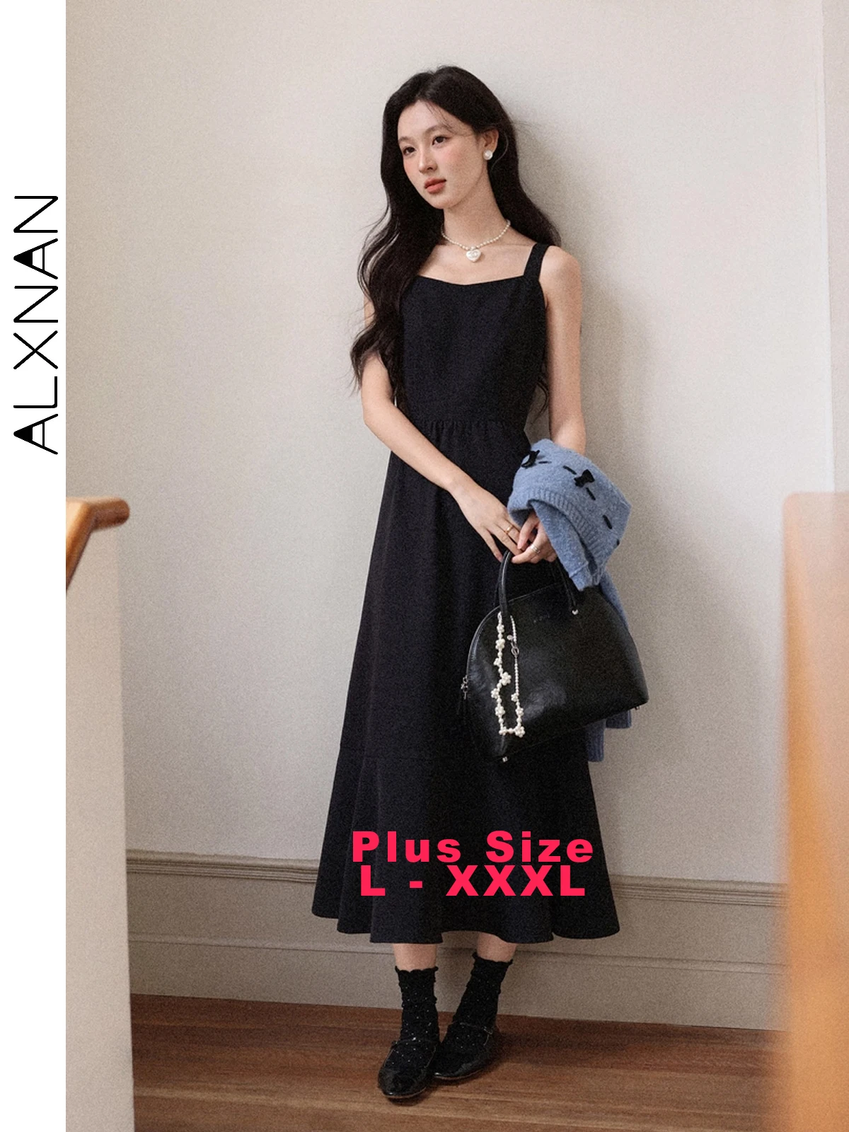 

ALXNAN Plus Size Black Sleeveless Dress Women's Elegant Long Dresses 2025 Autumn Casual A-line Loose-fit Female Clothing D13201