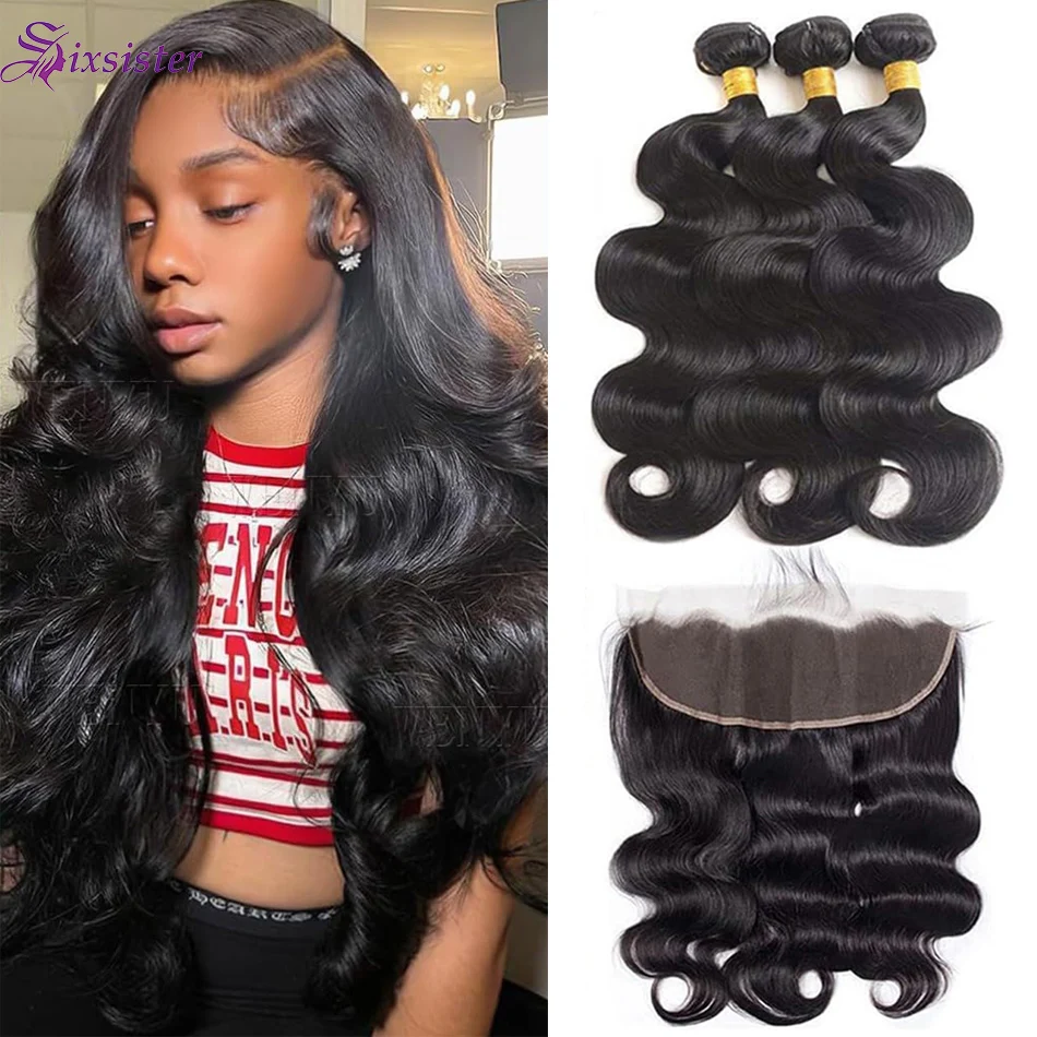 

Наборы натуральных волос с фронтальной частью: бразильские волосы Body Wave, 3 пучка, с фронтальным кружевным покрытием 13x4, 100% натуральные волосы для наращивания